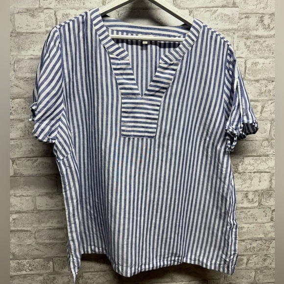 Talbots short sleeve linen blend blouse women’s 2X blue white stripes split crew - Picture 1 of 5